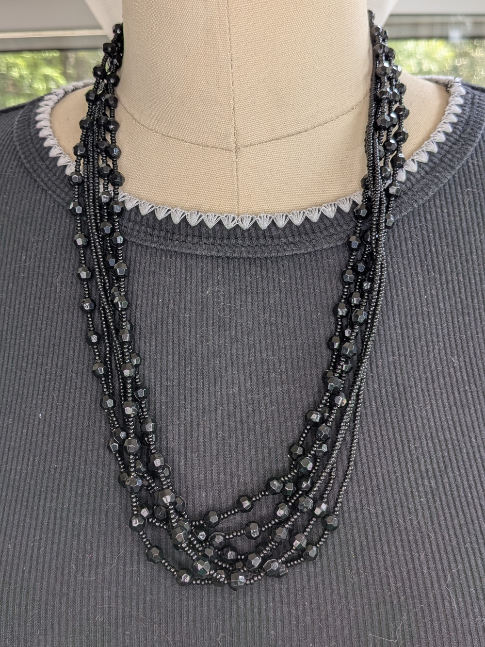 Black Seed Bead Faceted Multi Strand Continuous Opera Flapper Necklace